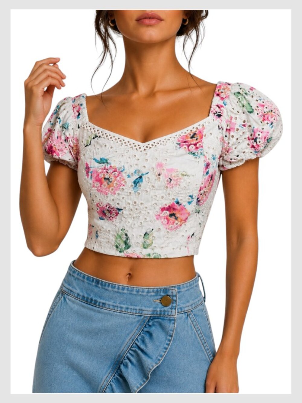 Aqua Fairycore Floral Eyelet Puff Sleeve Crop Top White Pink S